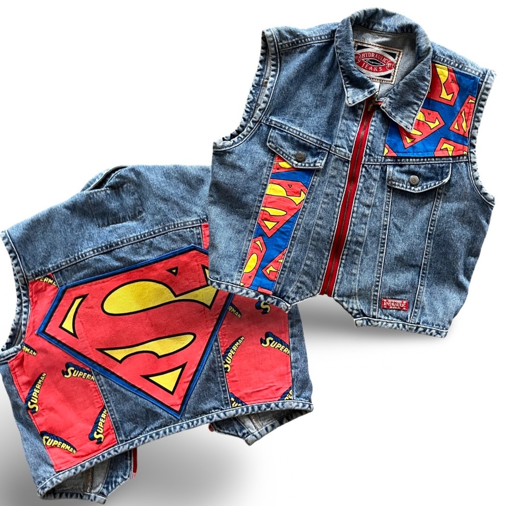 Hydraulic Jeans Vest - Superman Hand Applique Repurposed Jeans - Picture 3 of 12